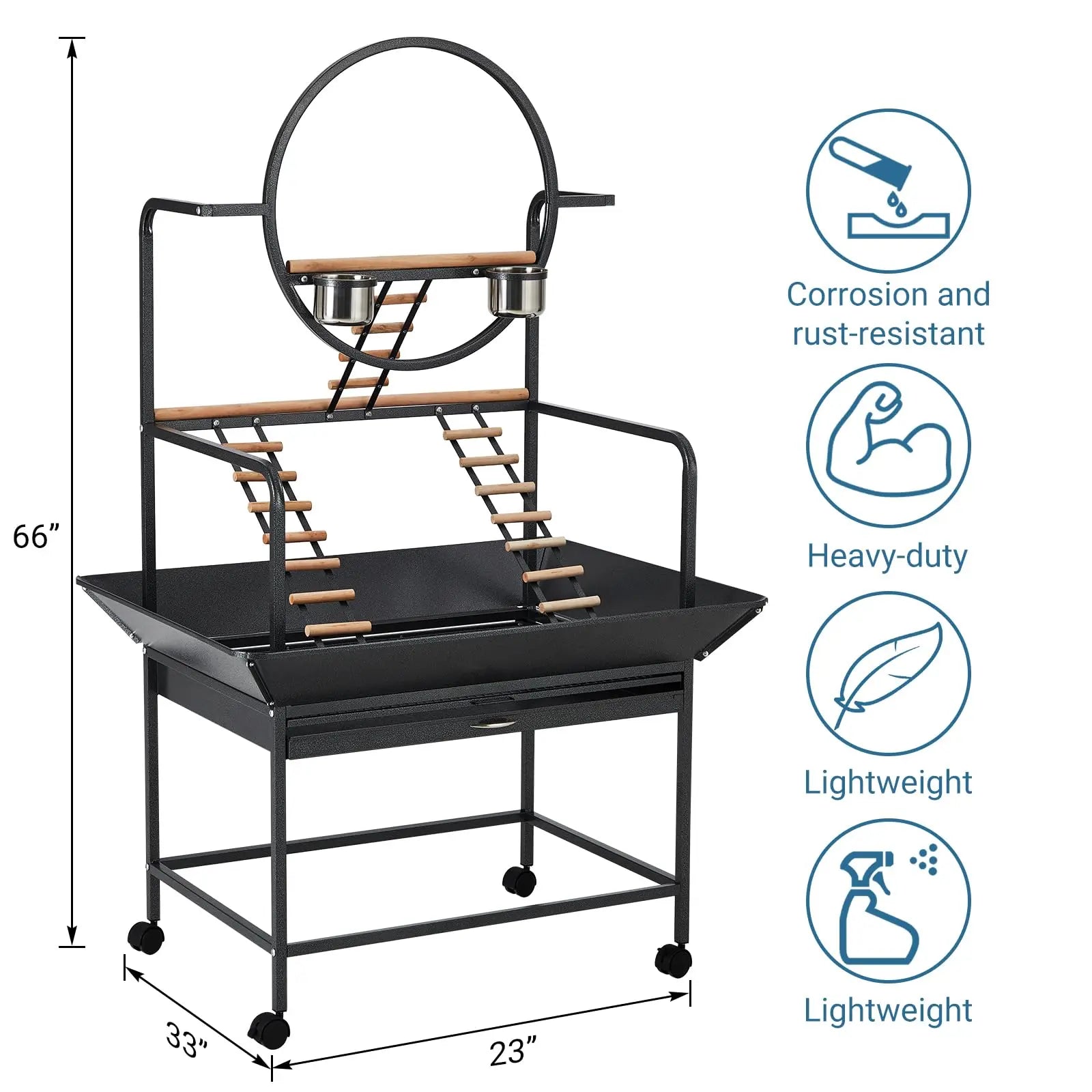 64-Inch Bird Cage Playstand with Perches and Ladders, Stackable Metal Parrot Playground with Removable Tray and Lockable Wheels, Easy-Clean Aviary for Parakeets, Cockatiels, Conures, and Macaws