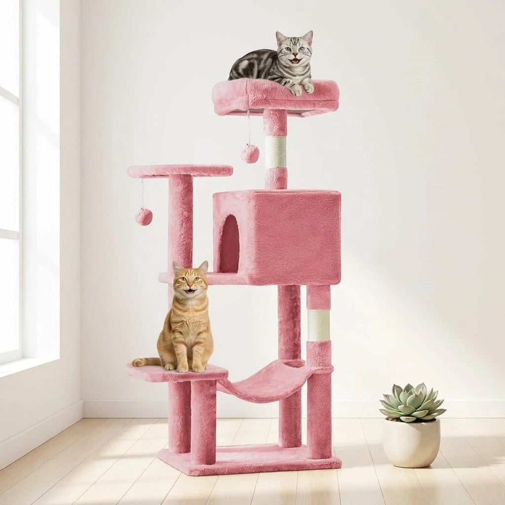 44 Inch Multi-Level Cat Tree Tower, Indoor Cat Condo with Soft Plush Hammock & Full Sisal Wrapped Scratching Posts，Pink