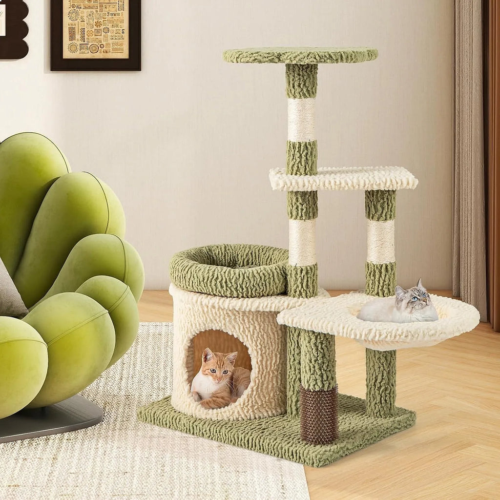38 Inch Cat Tree with Scratching Posts, Self Groomer, Condo & Basket, Green
