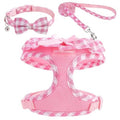 Cute Dog Harness Collar Leash Set - Girl Dog Harness Checke Step-in Design, Detachable Bow Pet Collar, Adjustable No-Choke Ligh