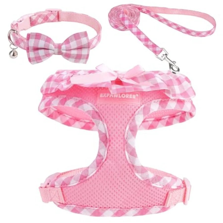 Cute Dog Harness Collar Leash Set - Girl Dog Harness Checke Step-in Design, Detachable Bow Pet Collar, Adjustable No-Choke Ligh