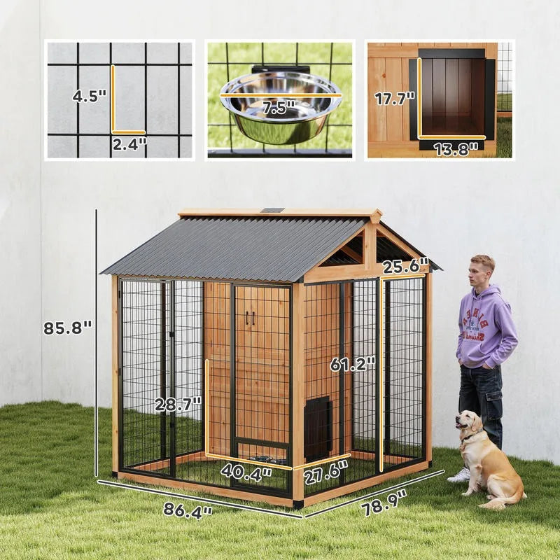 7' X 6' Extra Large Dog House, Wood Outdoor Dog Kennel with Storage Cabinet, Stainless Steel Bowls, Light Yellow
