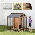 7' X 6' Extra Large Dog House, Wood Outdoor Dog Kennel with Storage Cabinet, Stainless Steel Bowls, Light Yellow