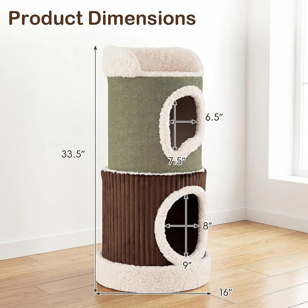 33.5in Barrel Cat Condo 2 Story House with Top Perch Comfy Mats