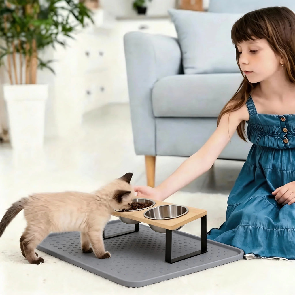 Elevated Cat Bowls 15° Tilted Raised Cat Food Bowls with Wooden Stand Anti Vomiting 2 Stainless Steel Bowls and Mat Set for Cats Puppy
