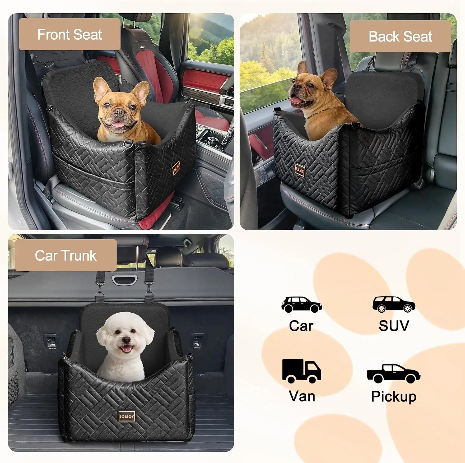 Waterproof PU Leather Dog Car Seat for Small Medium Dogs Under 35lbs, Detachable Cover, Memory Foam, Safety Belt & Storage Pockets