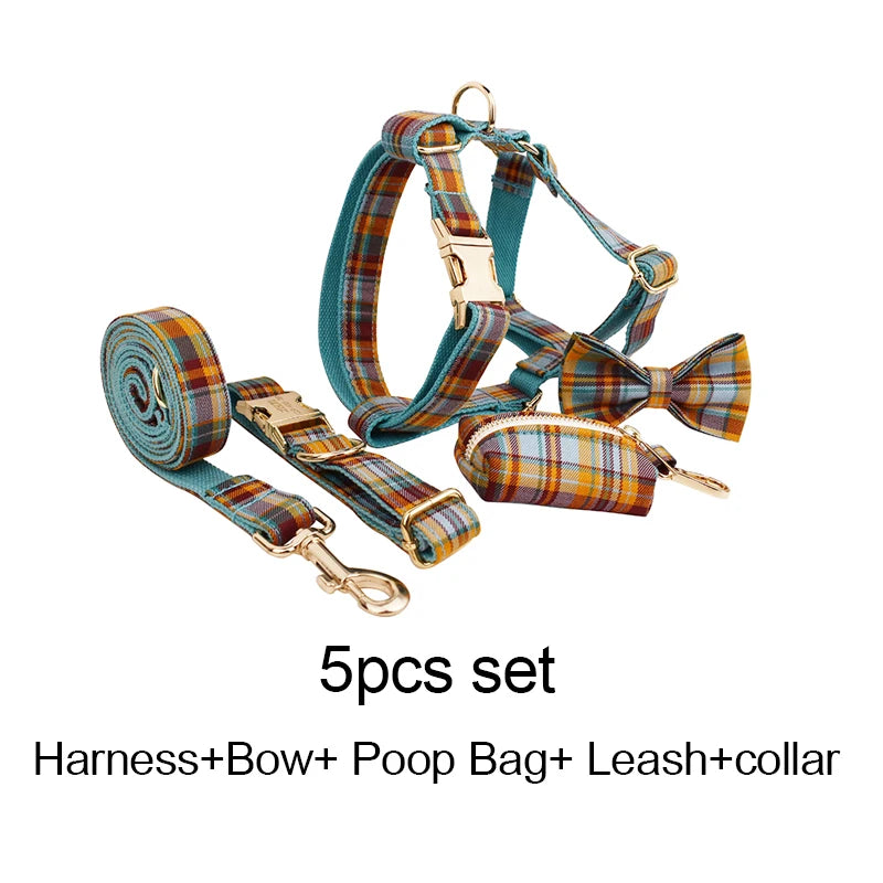 Custom Design Logo Cotton Pet Accessories Personalized Dog Collar Leashes Harness Bow Set Manufacturers Grid13-02