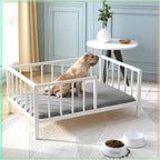 Elevated Dog Bed with Rails, Metal Frame & Solid Wood, Washable Mat, Medium 25.2x37.8in, White