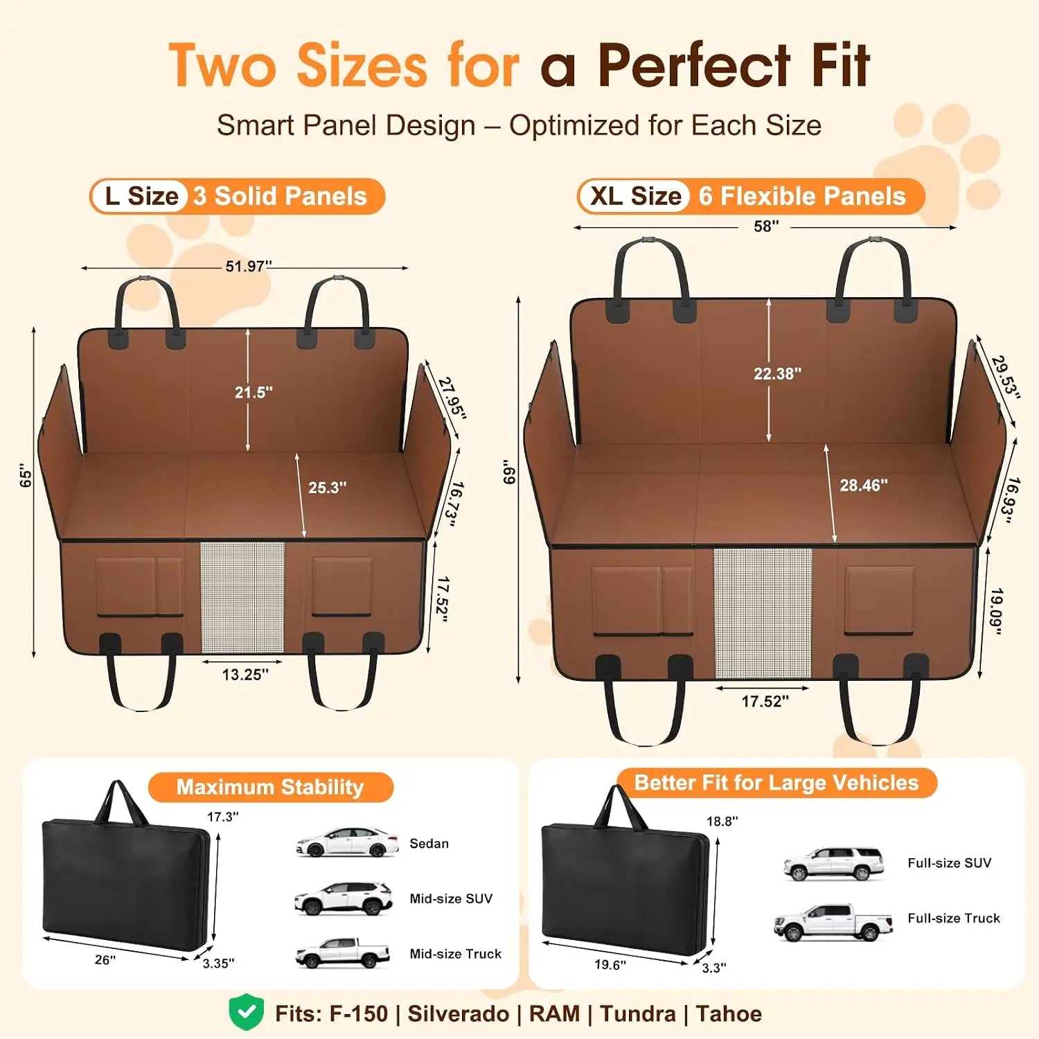 Waterproof PU Leather Dog Car Seat Cover for Back Seat, 52"x65" Hammock with Side Flaps, Non-Slip Heavy Duty Protector for SUVs & Mid-Size Trucks, Holds Up to 450 lbs – Brown