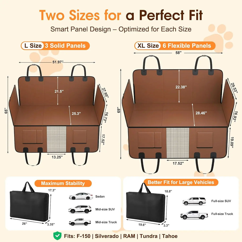 Waterproof PU Leather Dog Car Seat Cover for Back Seat, 52"x65" Hammock with Side Flaps, Non-Slip Heavy Duty Protector for SUVs & Mid-Size Trucks, Holds Up to 450 lbs – Brown