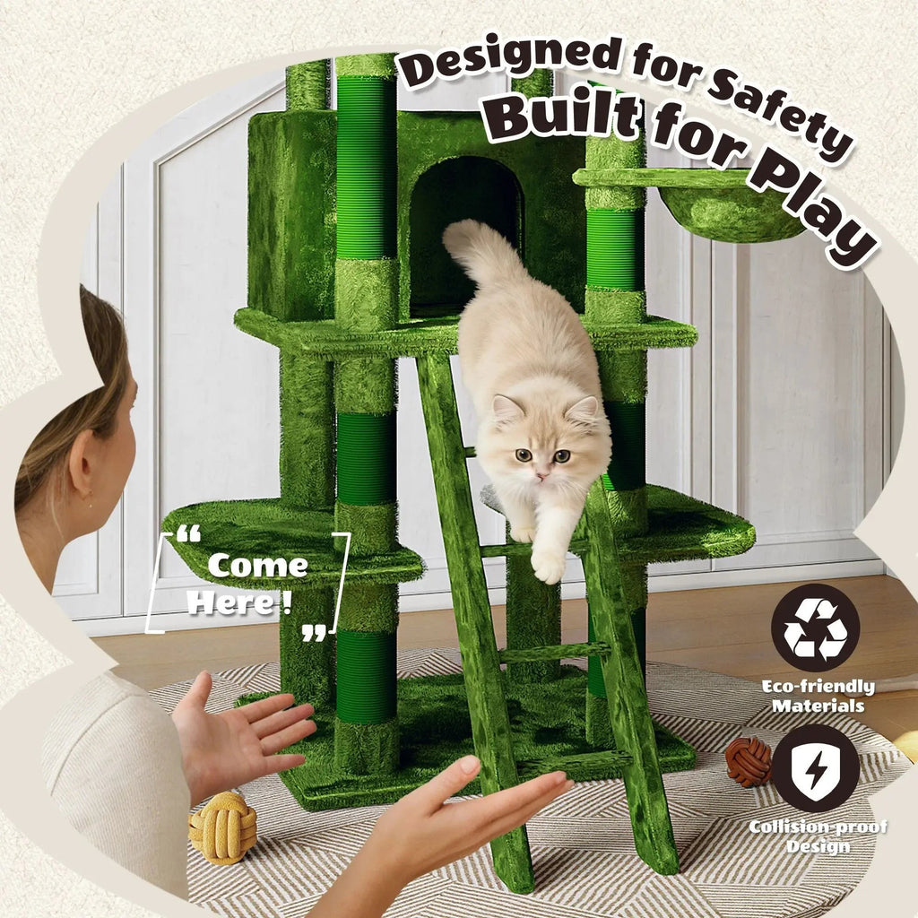 Large 70.87in Cat Tree W/2 Private Condos,3 Perches&Hanging Hammock,Skin-Friendly Short Plush&No Sharp Edges,Natural Sisal Scratching Areas,Safe & Stable for Multi-Cat Families,Kittens to Senior Cats