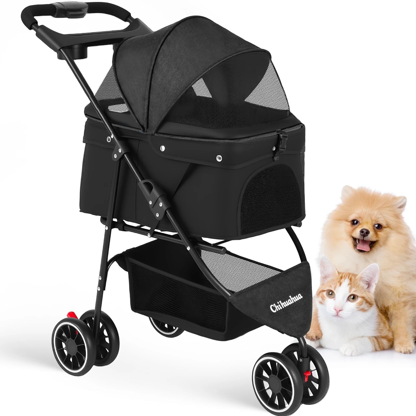 Mincy Pets Foldable 3-Wheel Pet Stroller with Mesh Canopy product photo.