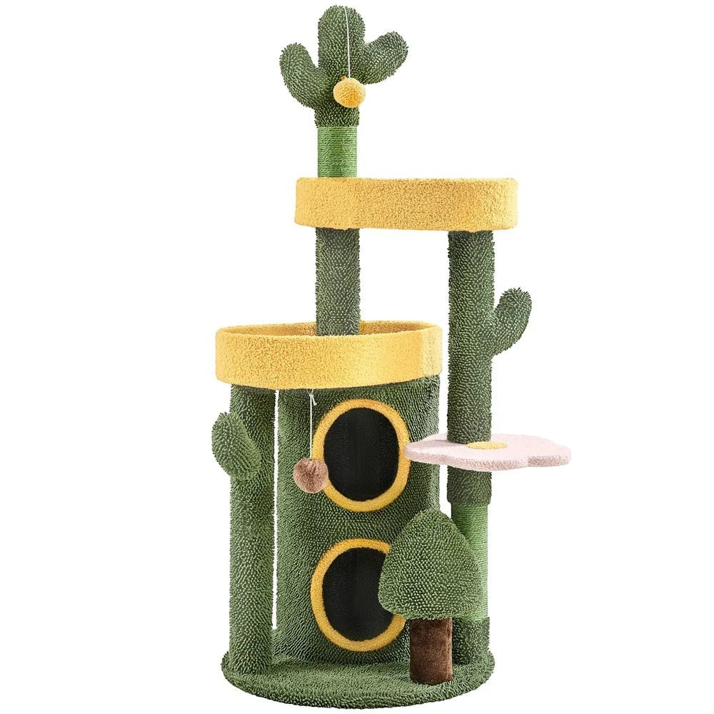 48.5in Cat Tree Oasis-Themed Fleece-Covered Cat Tree Tower, Cactus Cat Condo with 3 Perches/Scratching Posts/Toys, Cute Cat House Activity Center, Anti-tipping, Ideal Christmas Gift for Indoor Cat Kitty, Green & Yell