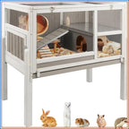 Wooden Guinea Pig Cage 2-Story with Stand, Leak-Proof Tray, Ramp & Hideout for Small Pets