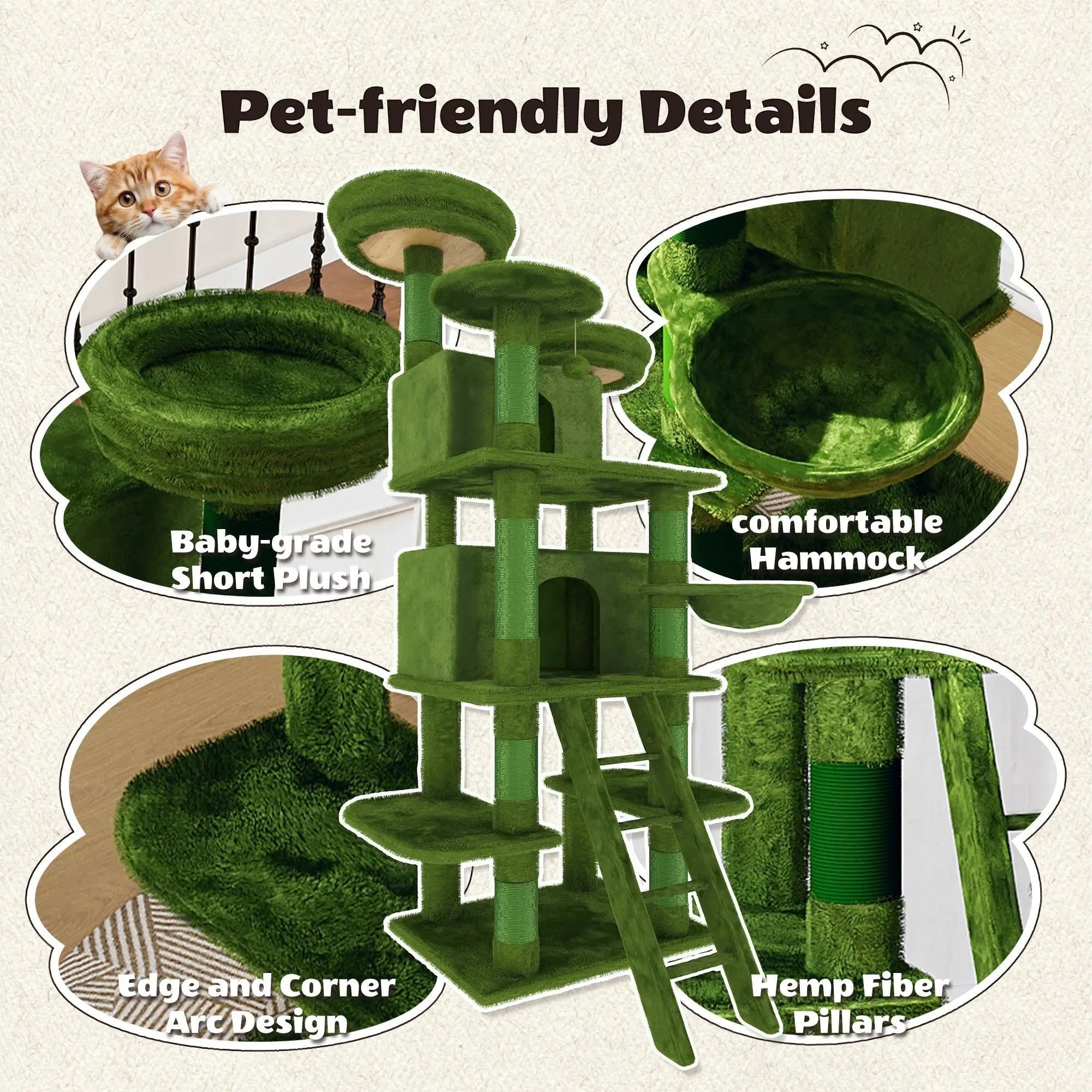 Large 70.87in Cat Tree W/2 Private Condos,3 Perches&Hanging Hammock,Skin-Friendly Short Plush&No Sharp Edges,Natural Sisal Scratching Areas,Safe & Stable for Multi-Cat Families,Kittens to Senior Cats
