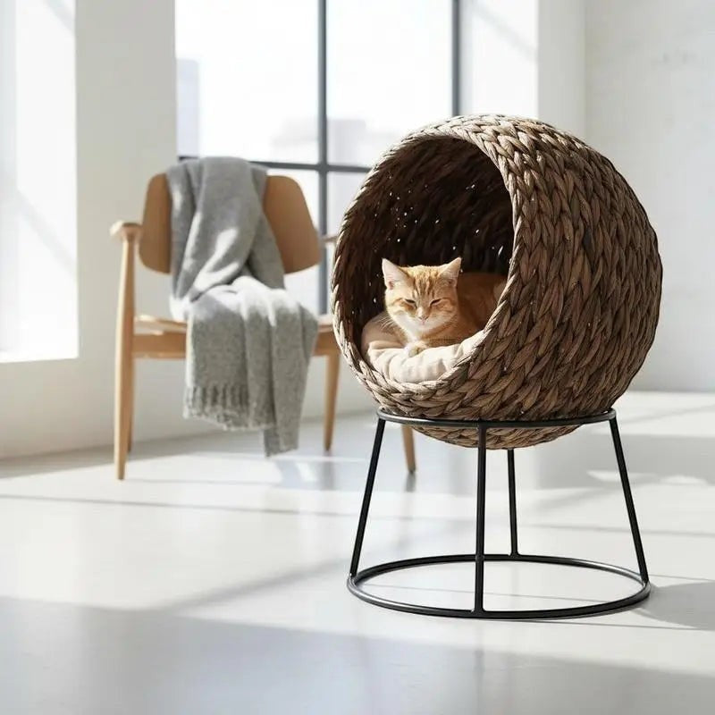 Mincy Pets Water Hyacinth Cat Basket: Elevated Two-Way Bed with Cushion product photo.