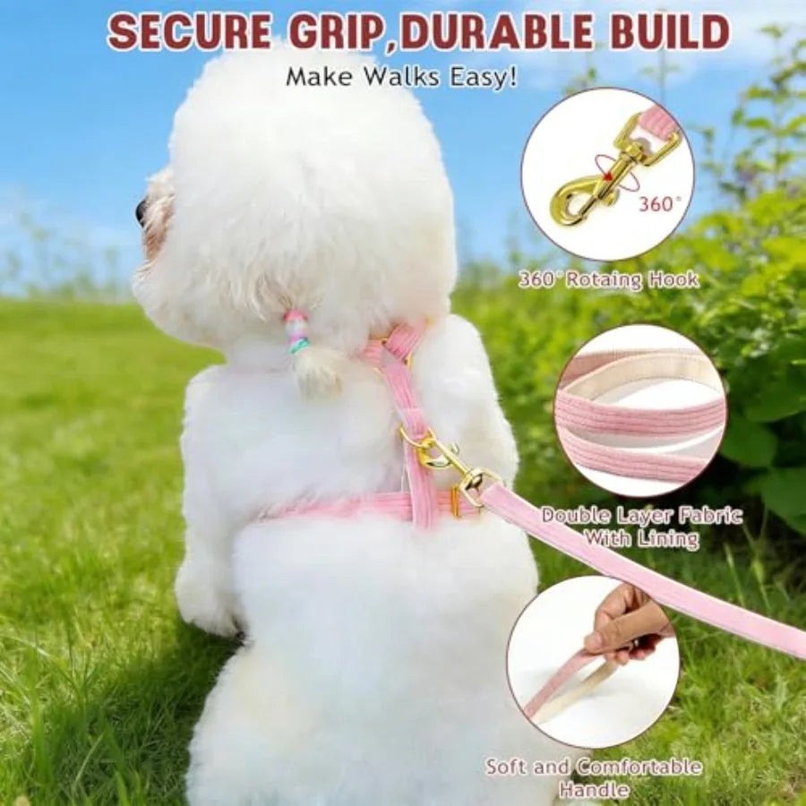 Cute Small Dog Harness Collar and Leash Set with Detachable Bowtie, Adjustable Dog Harness Collar and Leash Set with Secure Met