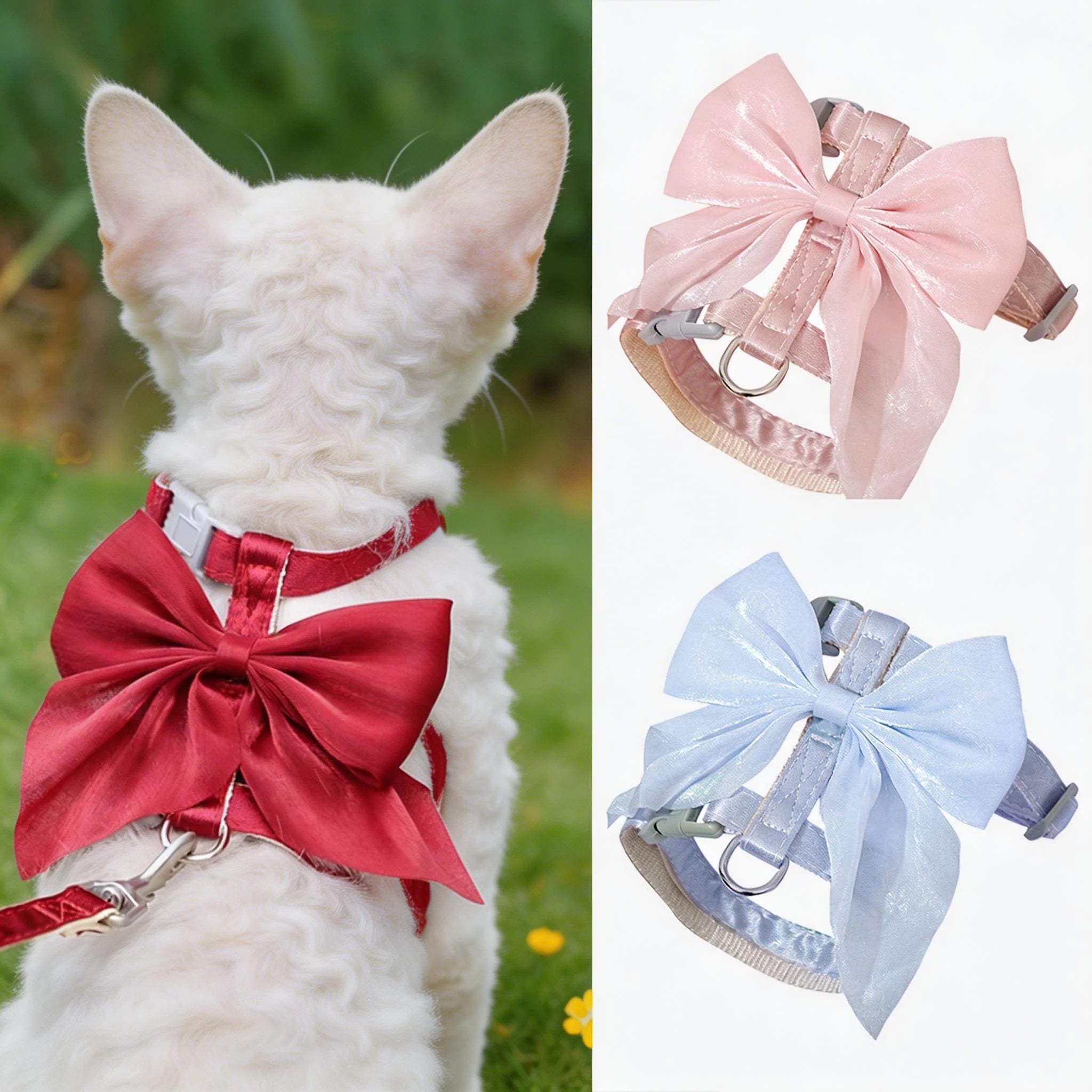 Cat Harness and Leash Set with Big Bow, Escape Proof  Kitten Lead, Adjustable H-Type Vest for Walking, Cute Shiny Accessories