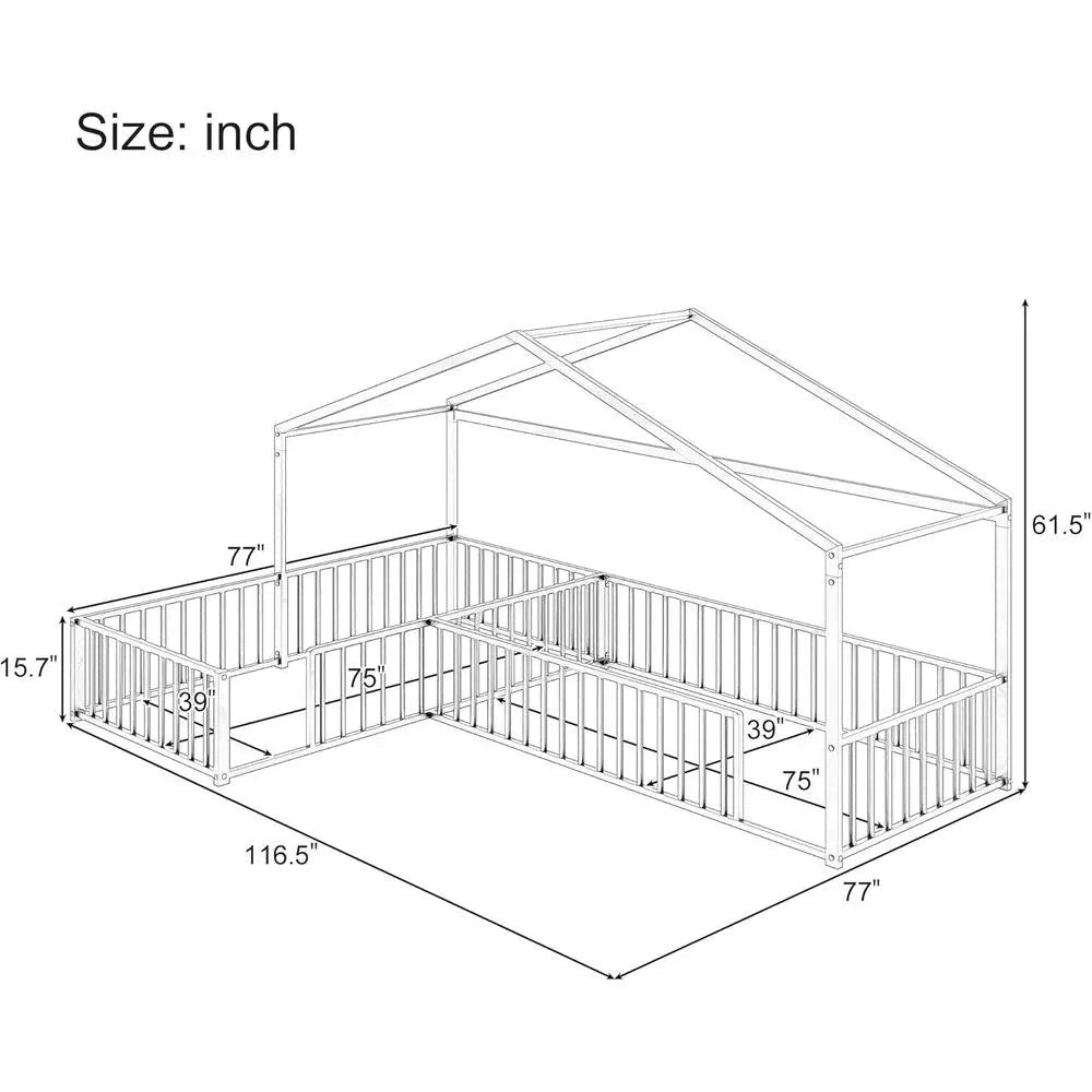 Twin Size L-Shaped Loft Bed with Metal Frame and Guardrails, Double Twin Beds for 2 Kids, No Slats, Easy Assembly, Black