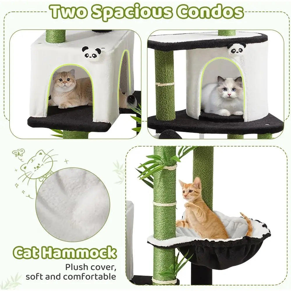 71.3 Tall Cat Tower with Panda Design: Spacious Kitty Condo, Sisal Scratching Post, Hammock, and Multi-Level Platforms