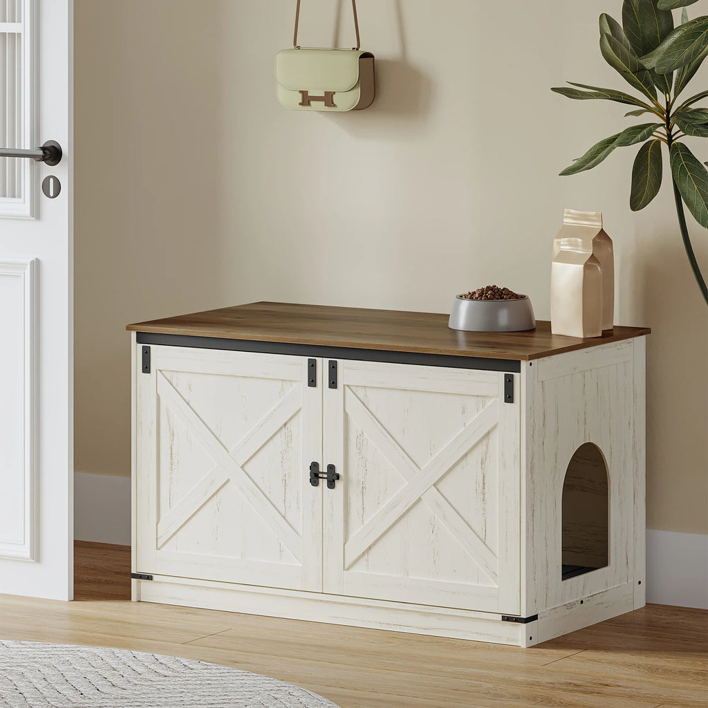 Hillcrest Reversible Litter Box Cabinet — Hidden Storage, Barn Door Design