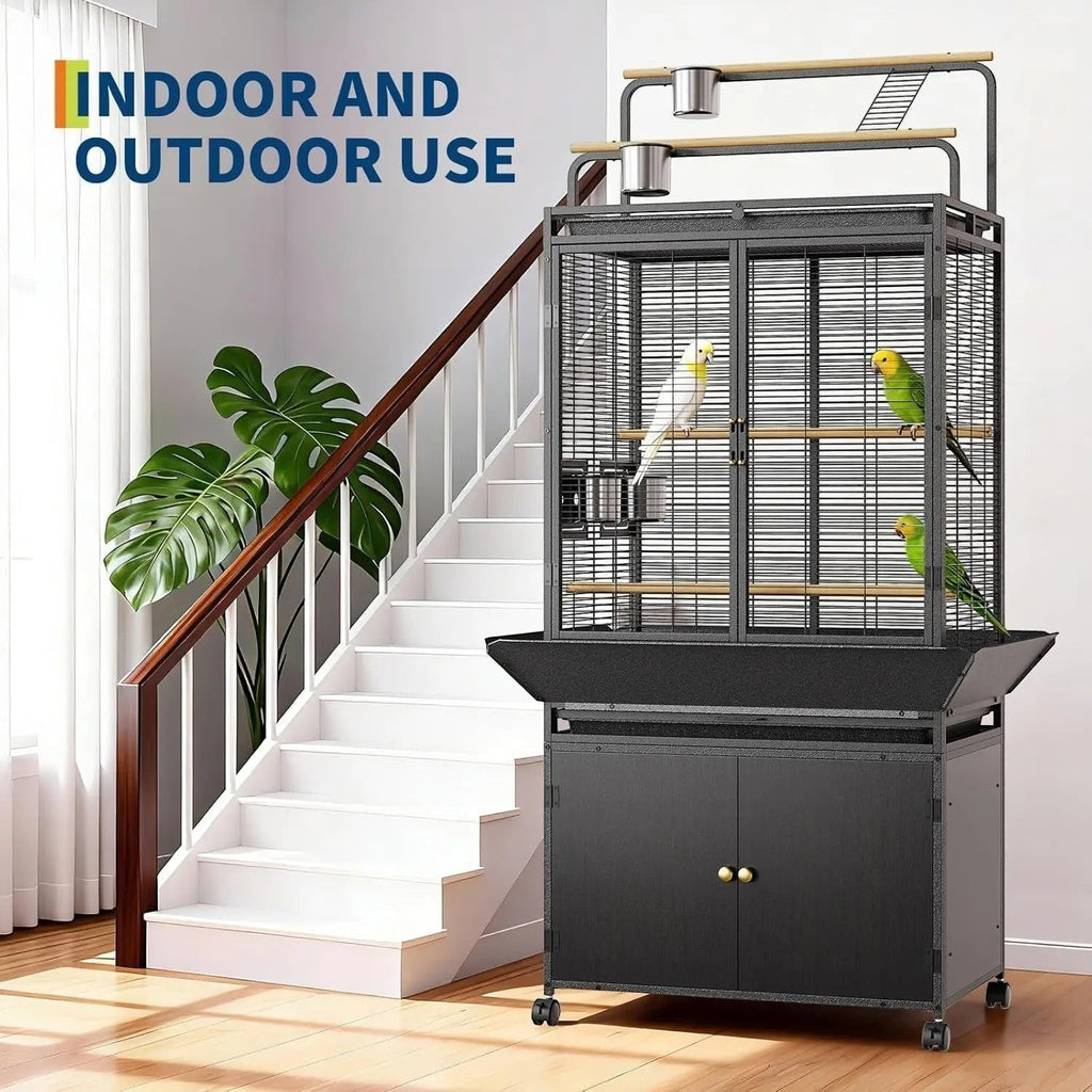 Large Bird Cage, 71" h Rolling Birdcage with Play Top & Storage Cabinet, Wood Parakeet Cage for Macaw Parakeet Parrot Cockatiel Budgie (Dark Walnut)