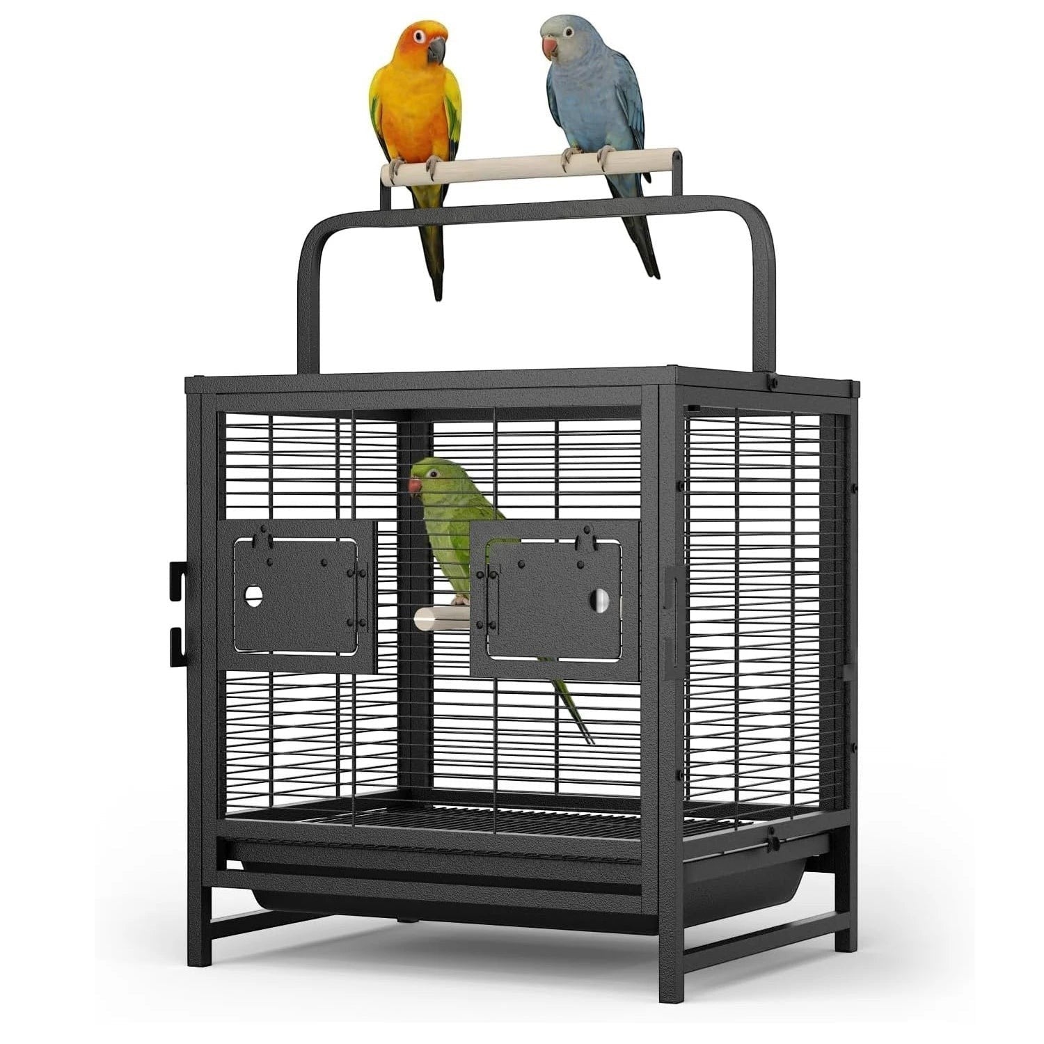 Sturdy Portable Small Bird Travel Cage,Iron Carrier with Removable Tray, Wooden Perch Handle, Easy Clean Black Aviary