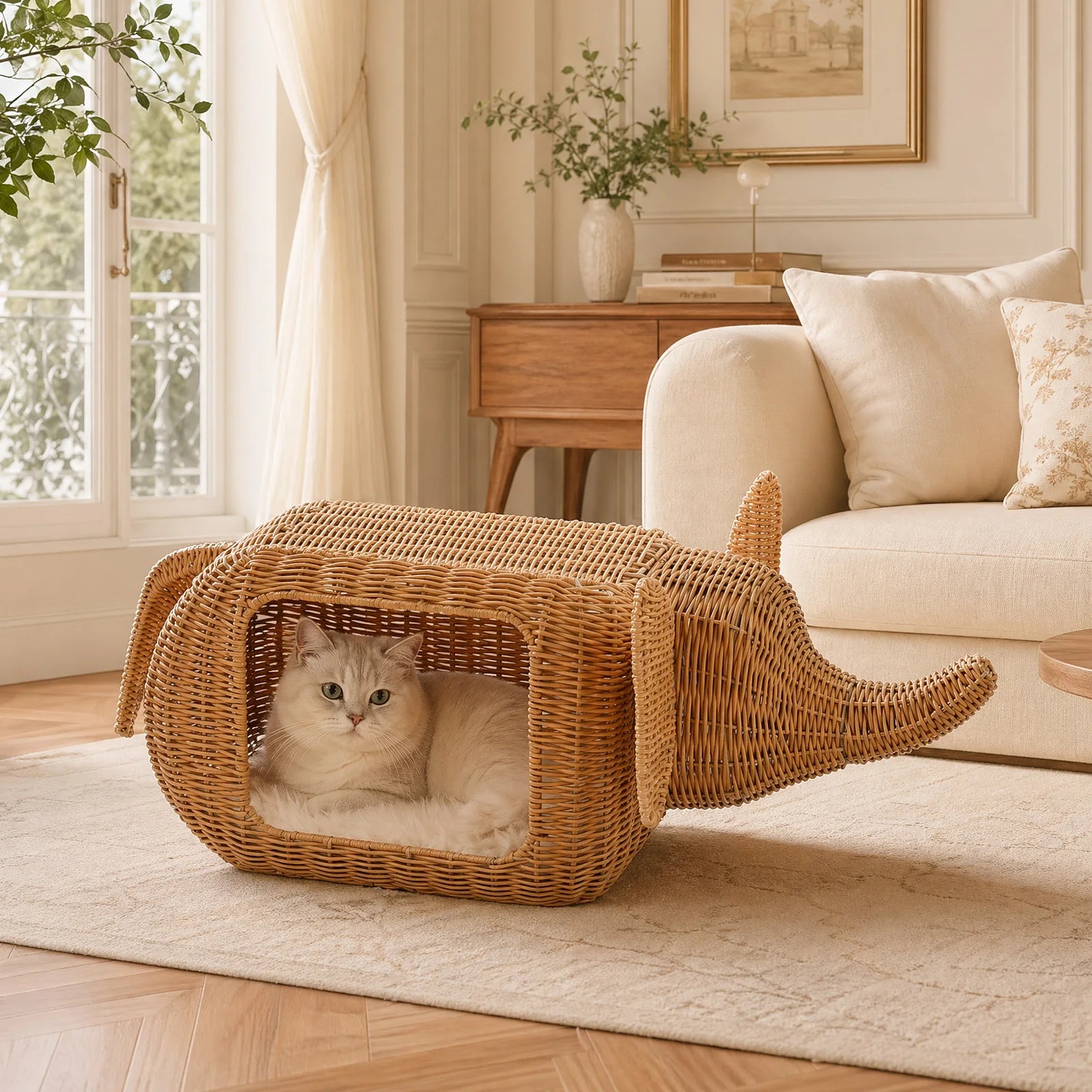 Elephant Rattan Cat Condo: Woven-Style Wicker Hideaway with Cushion