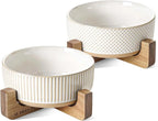 Ceramic Dog Bowls for Medium Large Dogs - 5 Cup Large Dog Food and Water Bowls with Wood Stand, Cute Pet Dishes Set of 2, Lines+Dot