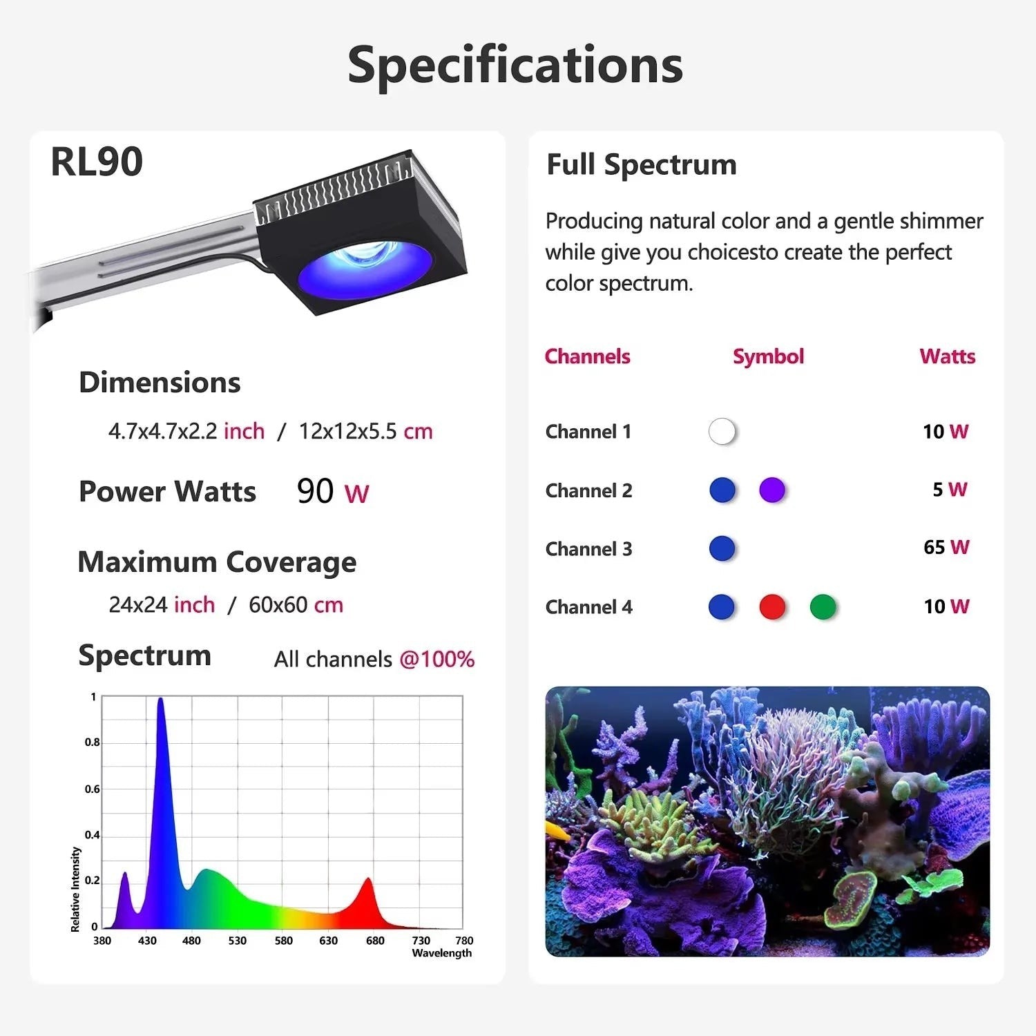 RL90 WiFi Reef Aquarium Light 100W, Marine Aquarium LED Full Spectrum for Reef Coral SPS/LPS Fish Tank LED