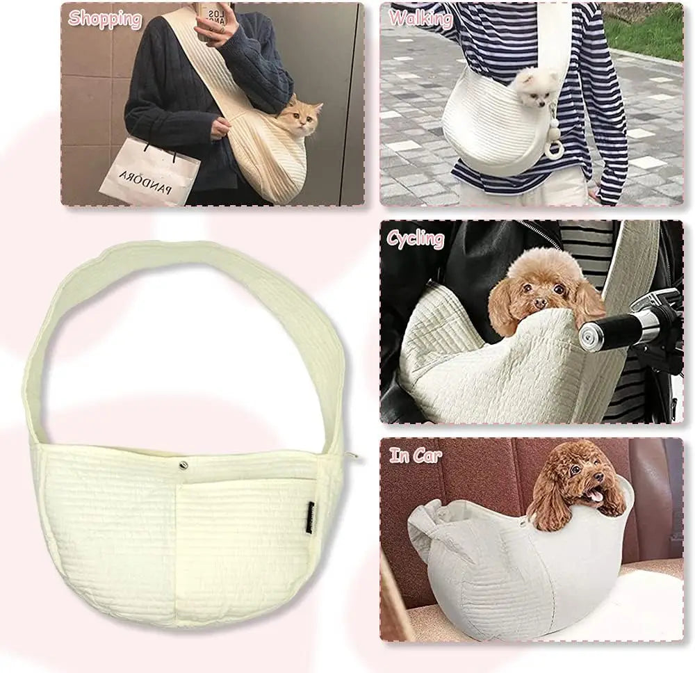 Canvas Dog Sling Carrier for Small Pets Hands Free with Safety Hook and Pocket for Outdoor Travel