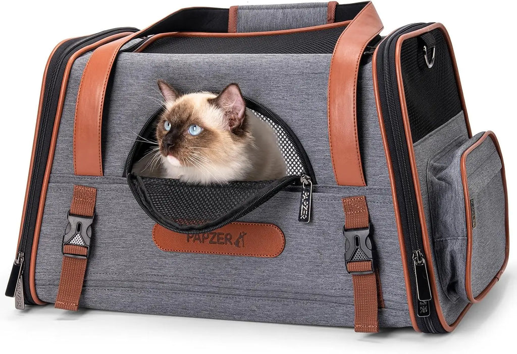 Premium Pet Carrier for Medium to Large Cats, Durable Leather & Oxford Fabric, Top & Side Load, Foldable, for Travel & Car