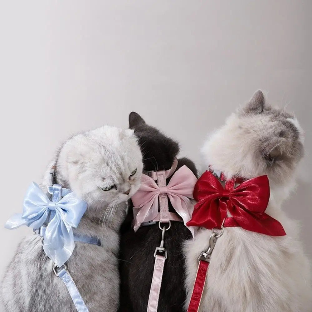 Cute Adjustable Bowknot Cat Harness Leash Escape Proof Shiny Bowknot Cat Leash Traction Rope Pet Decoration