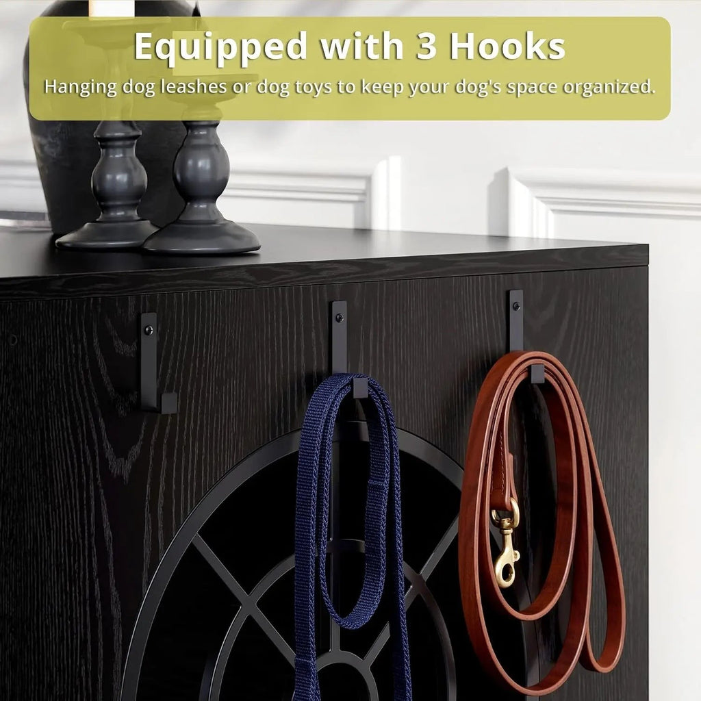 Black 45.1 Inch Wooden Dog Crate Furniture with Sliding Barn Door, 2-in-1 Pet Kennel & TV Console Table with 3 Hanging Hooks, Chew Resistant Multi-Purpose Indoor Pet Enclosure