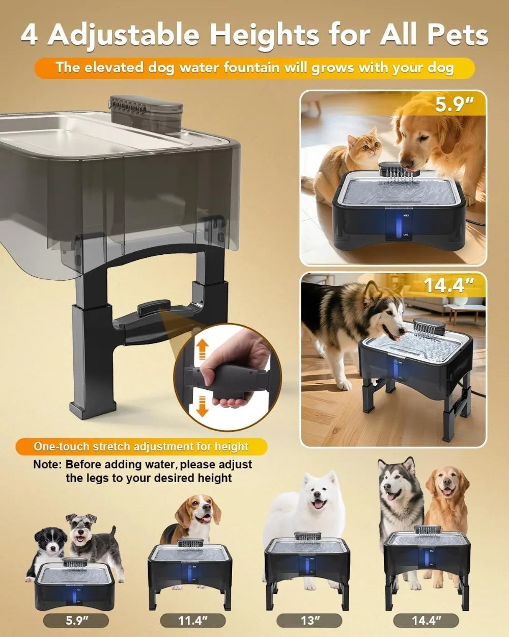 Mincy Pets Elevated Adjustable Dog & Cat Water Fountain product photo.