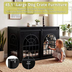 Black 45.1 Inch Wooden Dog Crate Furniture with Sliding Barn Door, 2-in-1 Pet Kennel & TV Console Table with 3 Hanging Hooks, Chew Resistant Multi-Purpose Indoor Pet Enclosure