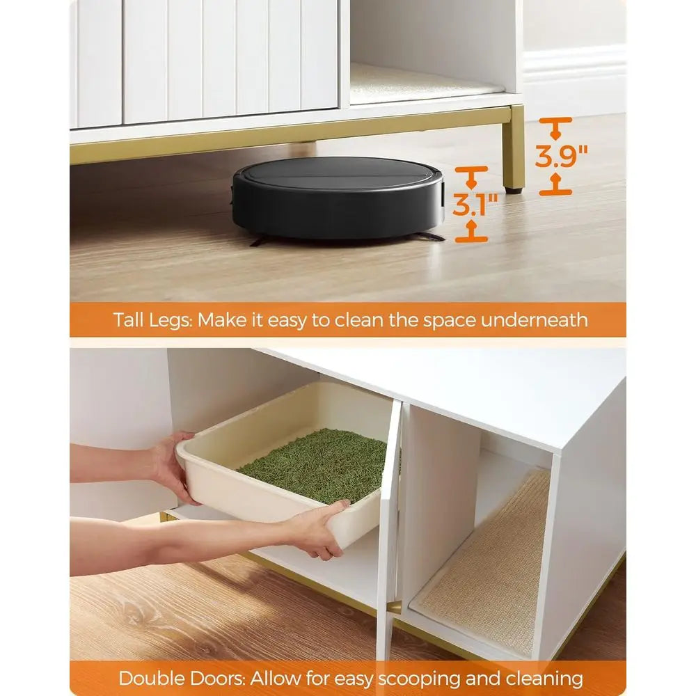 White & Gold Litter Box Cabinet — Winding Entry, Scratch Pad