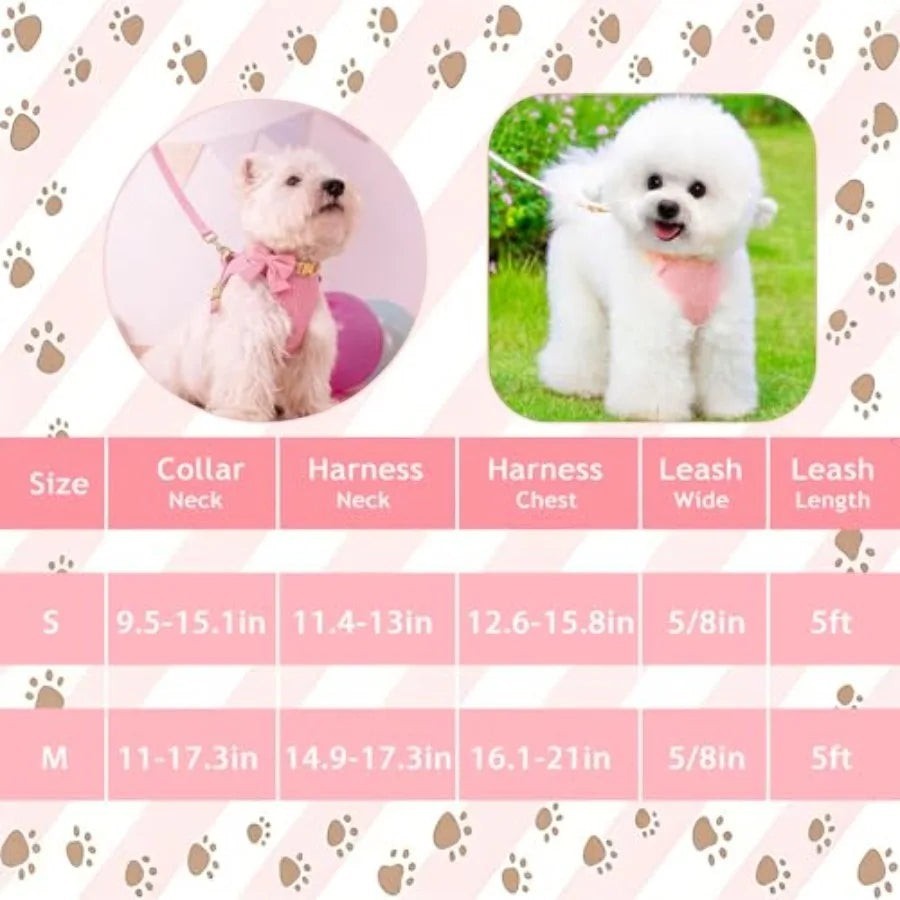 Cute Small Dog Harness Collar and Leash Set with Detachable Bowtie, Adjustable Dog Harness Collar and Leash Set with Secure Met