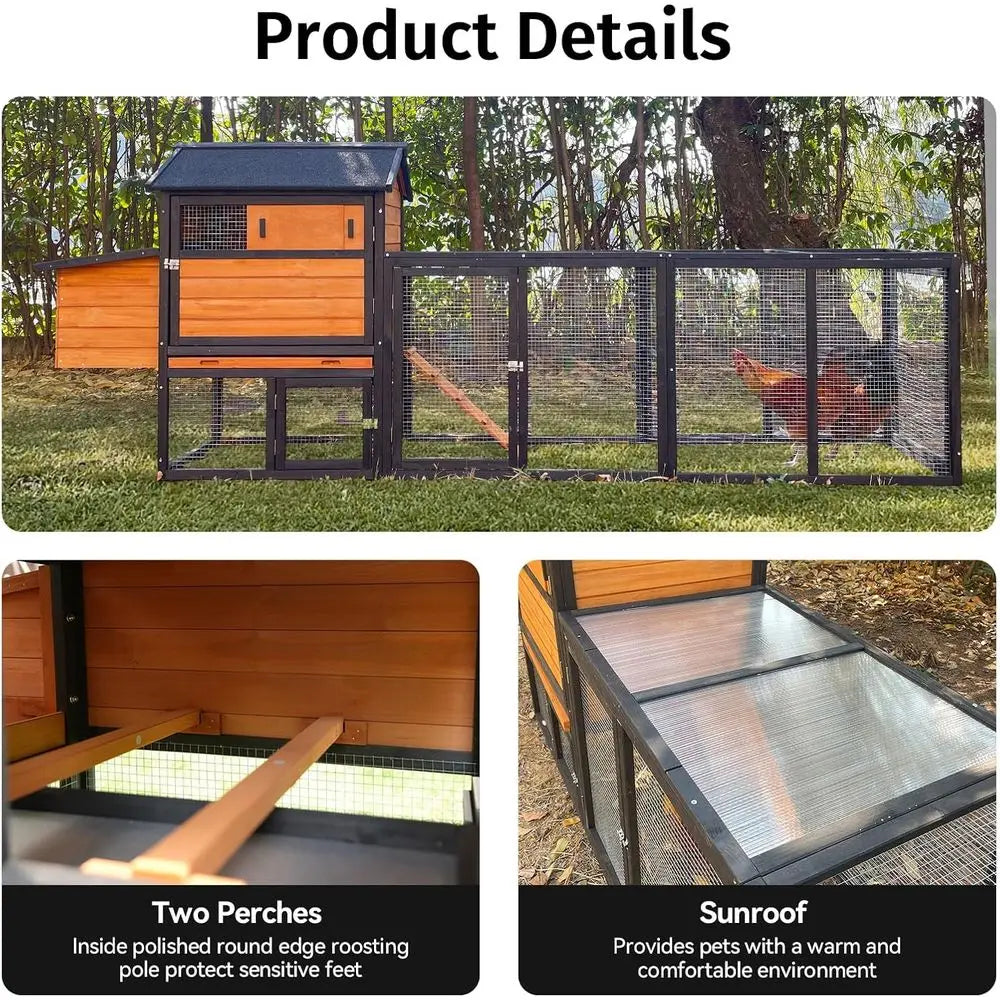 Large Wooden Chicken Coop with Nesting Boxes & Run Cage for 3-6 Chickens, Outdoor Hen House Poultry Hutch Rabbit Cage with No-Sl