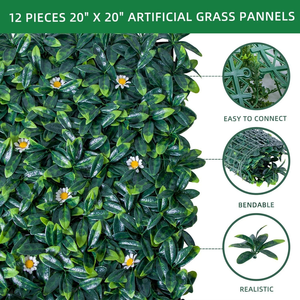 12 Pack 20x20 Inch Artificial Boxwood Grass Wall Panels, UV Protected Faux Greenery Fence Screen, Realistic Hedge Wall Backdrop for Indoor Outdoor Garden, Patio, Wedding & Home Decor