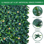 12 Pack 20x20 Inch Artificial Boxwood Grass Wall Panels, UV Protected Faux Greenery Fence Screen, Realistic Hedge Wall Backdrop for Indoor Outdoor Garden, Patio, Wedding & Home Decor