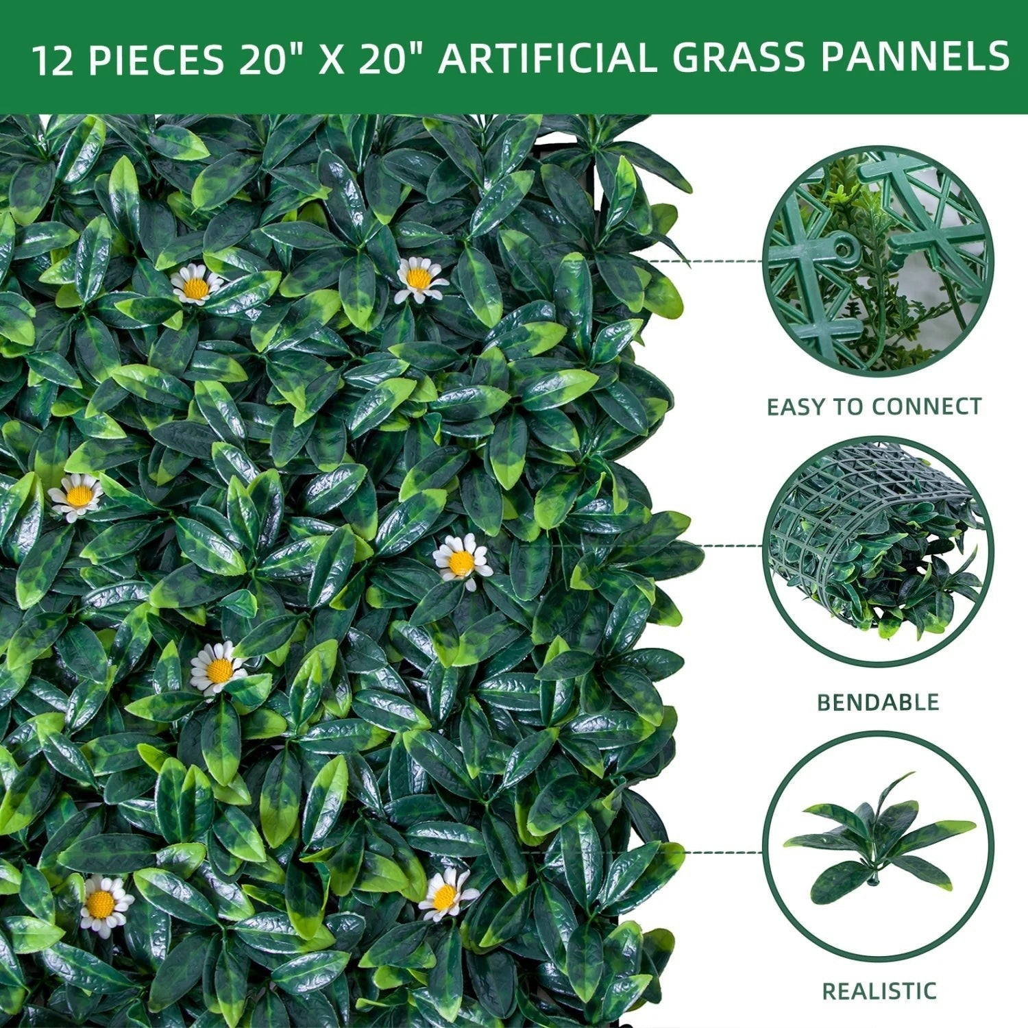 12 Pack 20x20 Inch Artificial Boxwood Grass Wall Panels, UV Protected Faux Greenery Fence Screen, Realistic Hedge Wall Backdrop for Indoor Outdoor Garden, Patio, Wedding & Home Decor