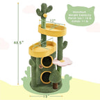48.5in Cat Tree Oasis-Themed Fleece-Covered Cat Tree Tower, Cactus Cat Condo with 3 Perches/Scratching Posts/Toys, Cute Cat House Activity Center, Anti-tipping, Ideal Christmas Gift for Indoor Cat Kitty, Green & Yell