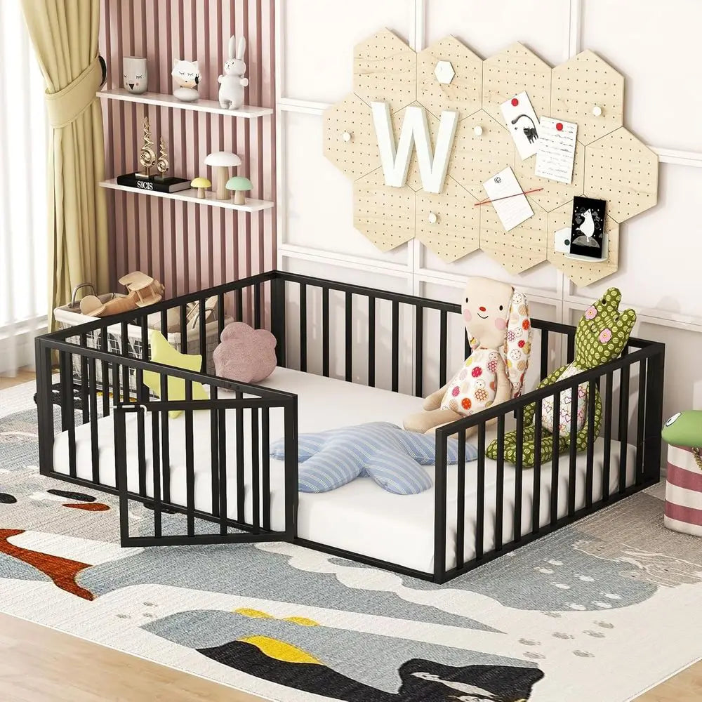 Full Size Metal Bed with Rail and Door for Kids, Suitable for Boys and Girls in Black