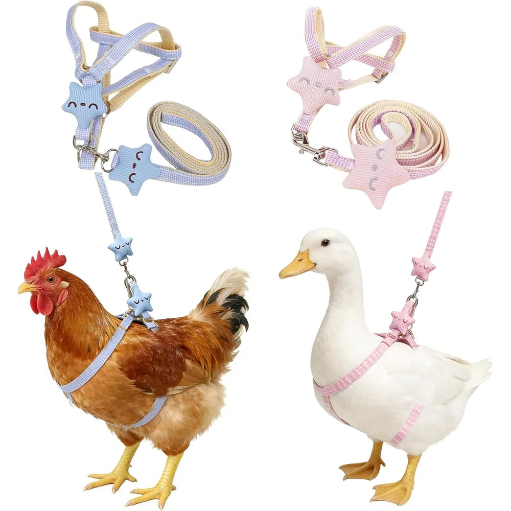Pink&Blue Adjustable Chicken Harness Leash Set, Easy Wear Star Vest, Duck Harness for Duck Goose（2Pcs）