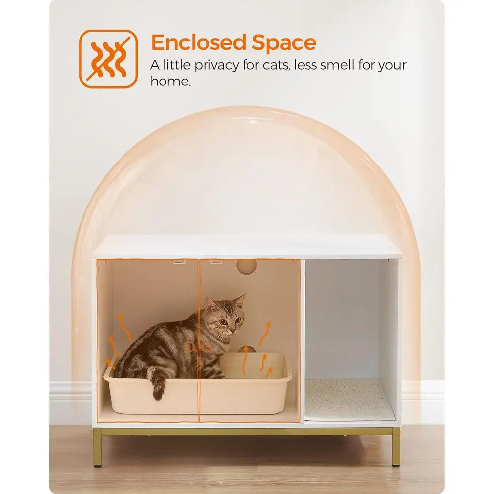 White & Gold Litter Box Cabinet — Winding Entry, Scratch Pad