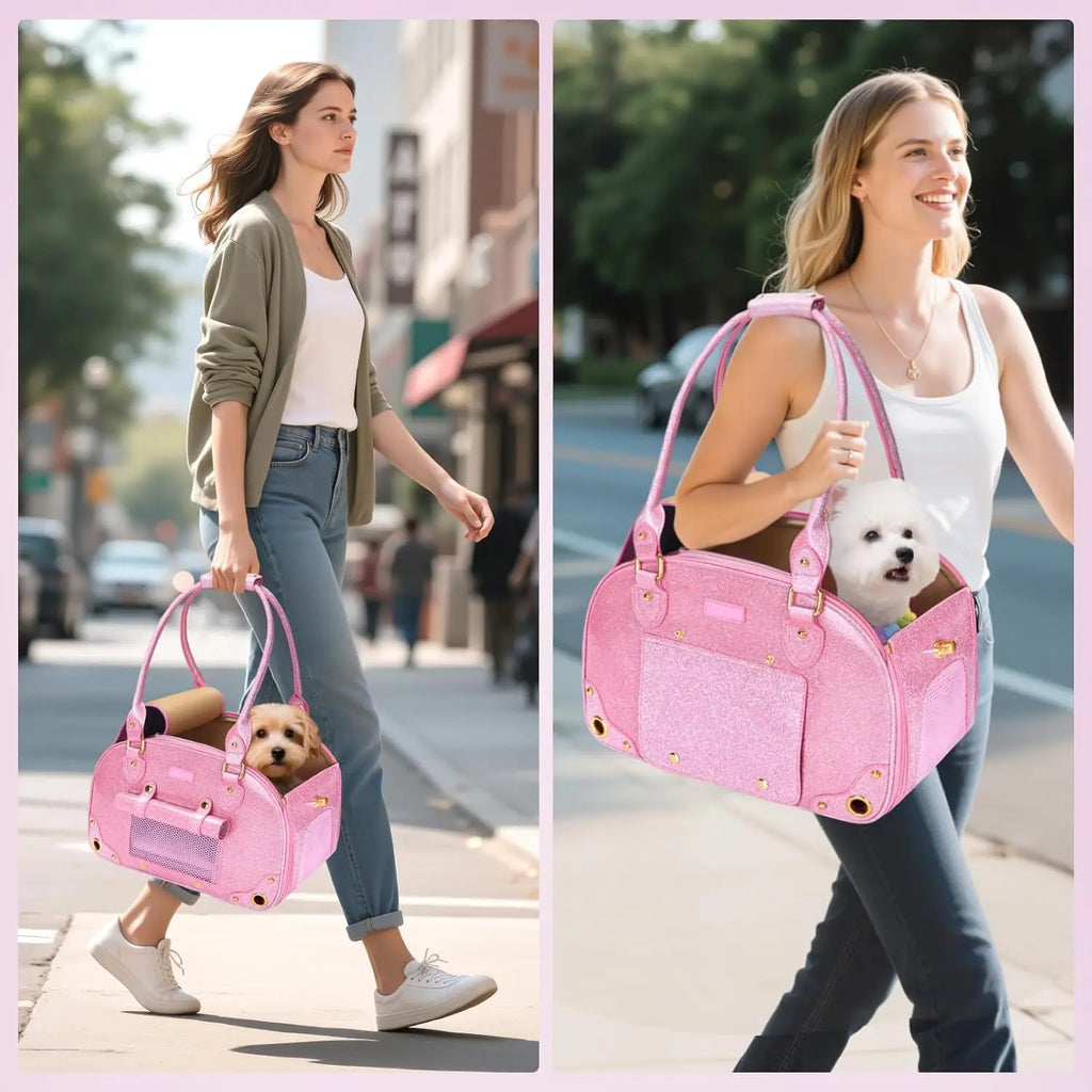 Pet Carrier Purse for Small Dogs Cats, Bling Waterproof Premium Leather Travel Bag, Airline Approved