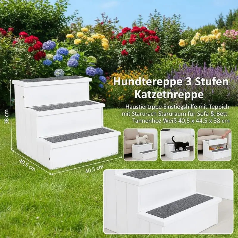 3 Step Wooden Dog Steps Pet Stairs for Dogs, Cat Ladder for Bed Couch with Storage White