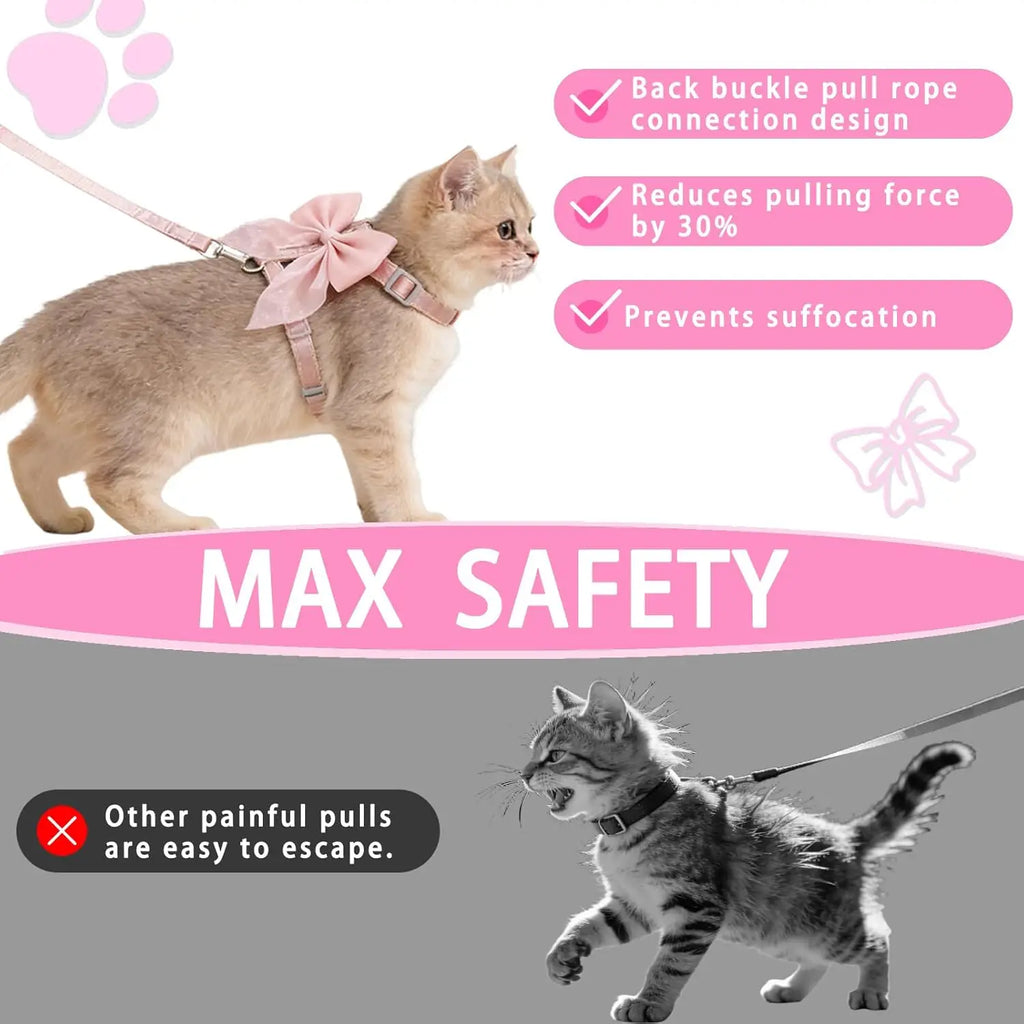 Pink Bow Cat Harness and Leash Set Escape Proof Adjustable for Walking Outdoor with Soft Lightweight Design for Small Cats