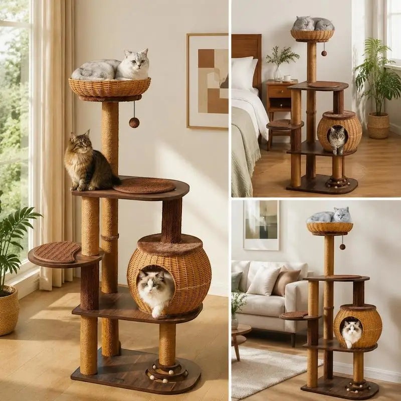 Multi-Level Cat Tree with PE Rattan Condo and Sisal Scratching Posts, Hanging Toy and Top Perch for Indoor Climbing Play, Brown, 59.5 Inch